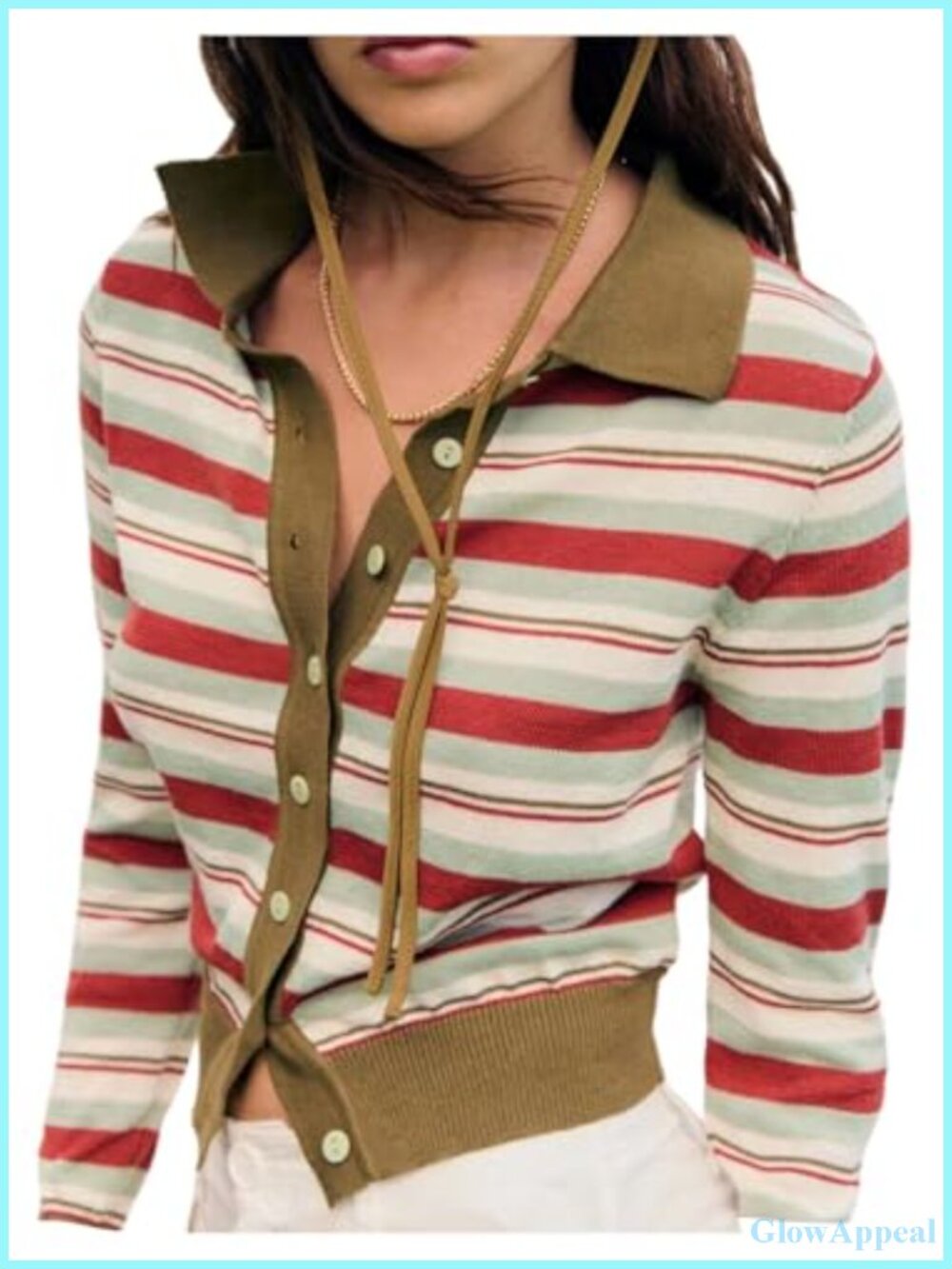 Striped Button Down Cardigan Sweater Collared Knit Crop Top Long Sleeve